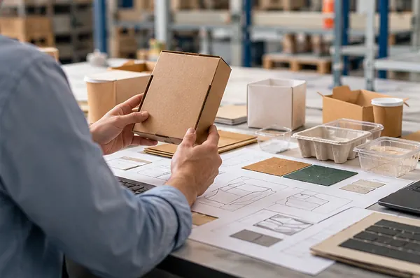 Consulente PPWR impegnato nella verifica tecnica di un imballaggio in cartone